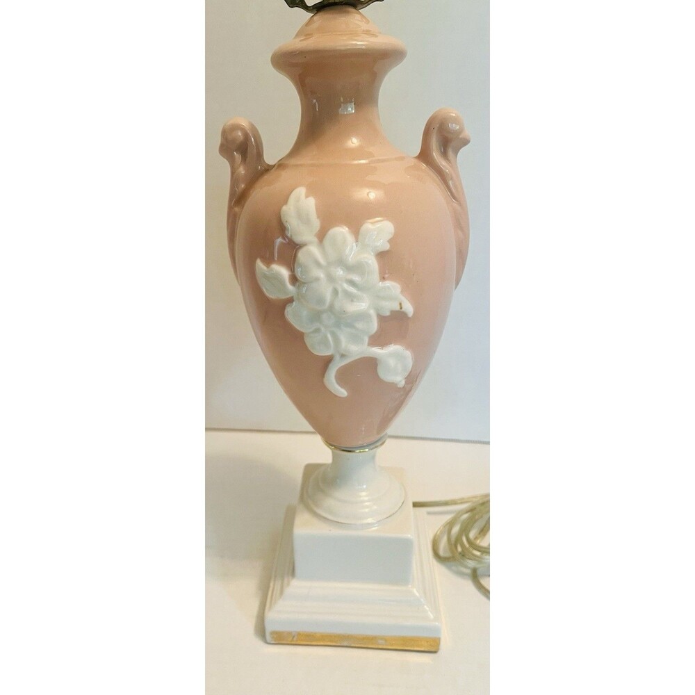 Antique/Vintage Pink Porcelain Table Lamp Ornate Swan Handles Raised Florals